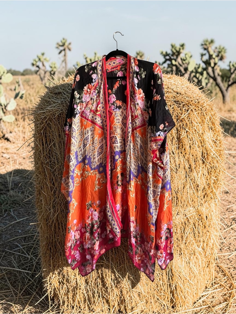 Bohemian Floral Kimono Jacket in Orange and Black